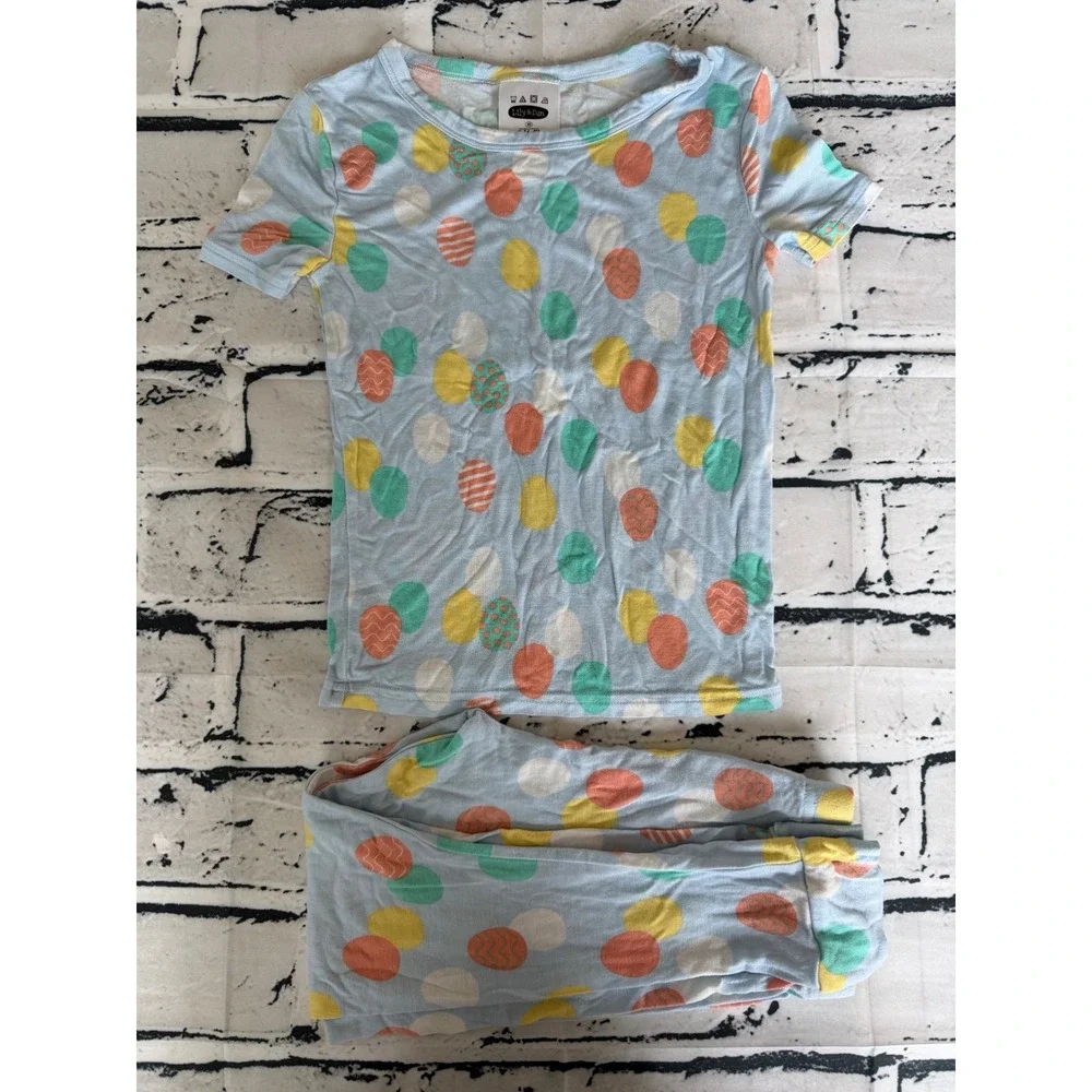 Lily & Dan Kids Easter Egg Pajama Set Blue Short Sleeve Snug Fit Size S 6-7